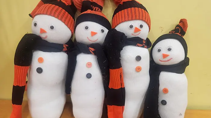 The pupils of Kealkill National School have been busy spreading festive joy by creating their own handmade Christmas decorations for charity. Children from all classes worked together to make penguins, snowmen, and Santas using socks, buttons, felt, wood, paint and plenty of imagination. Some Transition Year pupils from Coláiste Pobail Bheanntraí came to school to help the pupils finish their creations.
