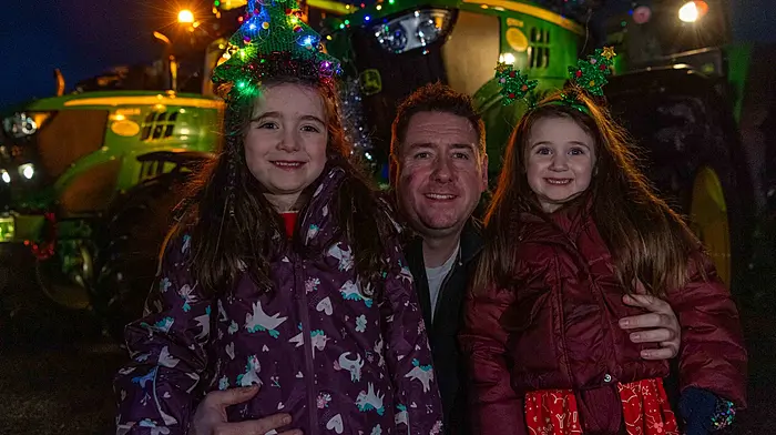 Sophie O'Sullivan with Kieran and Ellie Spillane, all from Enniskeane, preparing to take part in the tractor run organised by Kilmeen Macra. The run was raising funds for Reenascreena National School and Progressive Supranuclear Palsy.   (Photo: Andy Gibson)