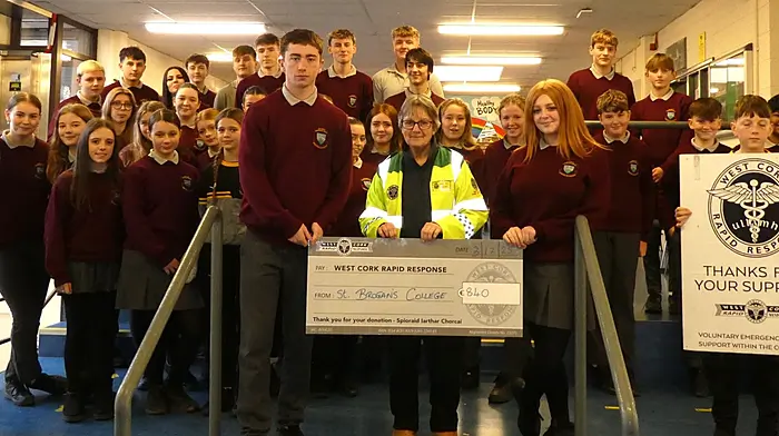 Student Council members from St Brogan's College presented Kate Crowley and Liam Slattery from West Cork Rapid Response with €840, the proceeds of the school's recent fundraising for WCRR.