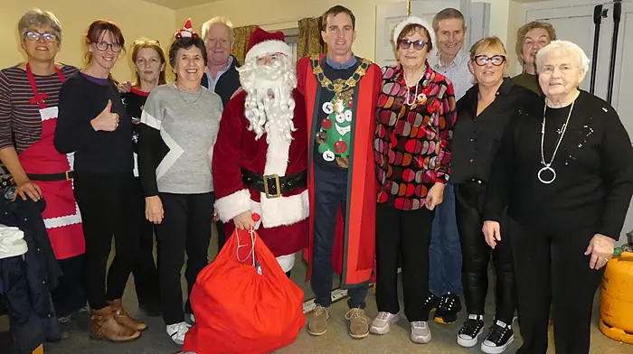 Shirley Shannon, Sarah Hennessy, Kitty Barrett, Nora McCarthy, Anthony O'Brien, Santa, mayor of Clonakilty Conan O'Donovan, Betty Hennessy, Paul Ryan, Bernice O'Neill, Pauline Smith and Ann O'Sullivan at the Age Friendly Christmas party which was held in Ballinascarthy Hall.