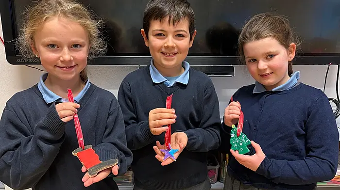 Liadh Ronan, Jack Collins and Áine Erridge from Reenascreena National School with their homemade decorations.