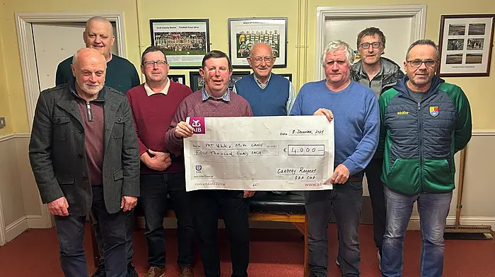 Carbery Rangers GAA club’s recent jackpot winners, Pat White Froe and Mike Lane, were presented with €4,000 each in Ardagh by the lotto committee. At the presentation were James Ronan, Denis Calnan, Mike White, Pat White, Tadgh Murphy, Mike Lane, Robert Creedon and John Fitzpatrick.