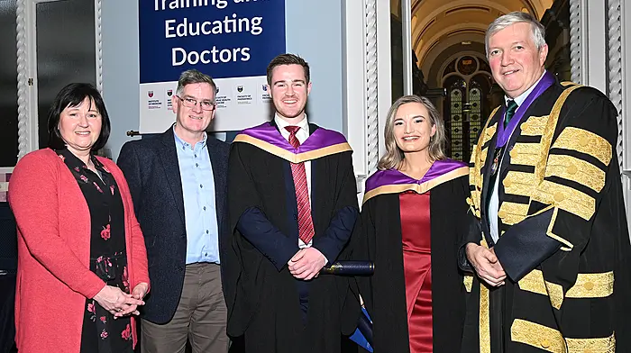 The Royal College of Physicians of Ireland (RCPI) welcomed new members from Cork recently including Dr Timothy Cronin from Bantry, at a special ceremony at No 6 Kildare Street in Dublin. Included in the photo are Sandra Cronin, Joe Cronin, Dr Sally Kemp and RCPI president Dr Diarmuid O’Shea.