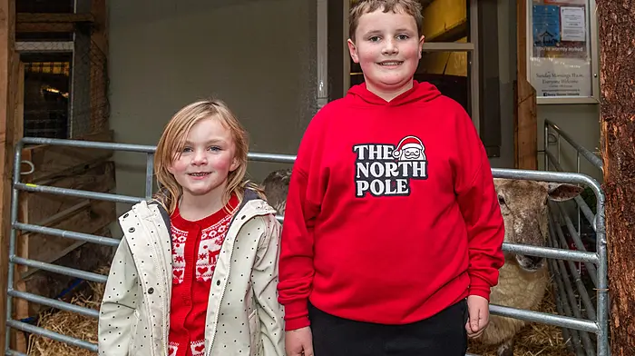 Bantry, West Cork, Ireland. 21st Dec, 2025. Bantry Christian Fellowship Church held a live crib event today. Sheep, goats, a donkey, calves, ducks and hens all made an appearance. Enjoying the live crib event were Ciara & Callum Hurley from Bantry. Picture: Andy Gibson.
