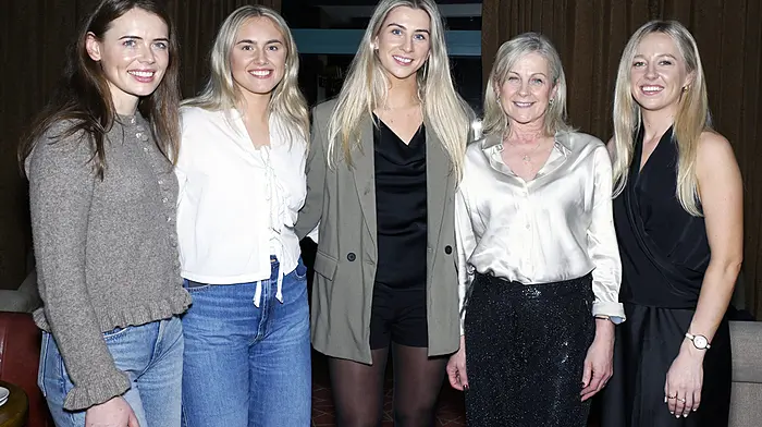 Kilbrittain's Kate Wall (centre) a West Cork Sports Star monthly award winner with (left to right): Meabh Cahalane, Eimear Hurley (also members of St. Finbarr's Camogie Club, her mum Sheila and sister Ellen at the awards presentation in the Celtic Ross Hotel last Sunday evening. Photo: Martin Walsh.