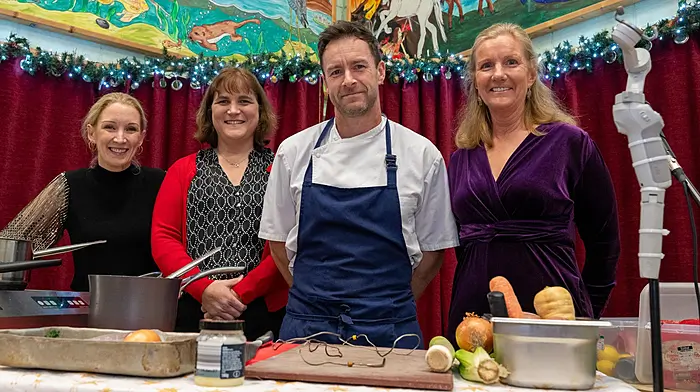 Dunderrow NS Parents Association hosted a Christmas focussed cookery demonstration this week. Pictured are chef Dave Rice with parents association members Helen Collier and Nicola When and school principal Tríona Hannon.Picture. John AllenDunderrow National School was aglow with Christmas cheer on Tuesday 16th December with acclaimed chef and school parent Dave Rice taking the festive fuss out of the cooking. The school's Parents Association hosted a Christmas focussed cookery demonstration with a large crowd in attendance.The event raised an incredible €1,850, which will support ongoing initiatives for the students including a major update of classroom libraries, resources for the new construction in maths curriculum, PE equipment and contributing to class tours and outings such as bus costs.A short drive from Kinsale and Innishannon, Dunderrow N.S. has 200 students, a proud school community and a friendly and homely atmosphere. It boasts many exceptional facilities including a recently installed all weather astro turf pitch, sensory room, school yard and indoor hall facilities. For more information please visit our website www.dunderrowns.ie