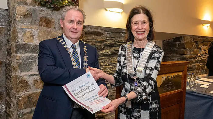 Kinsale & District Lions Club received the prestigious Lions Clubs International Club Excellence Award for the 2024/2025. Cormac Fitzgerald, President Kinsale Lions accepted the award from Lions Club Ireland District Governor Marian McGreevey,Picture. John Allen