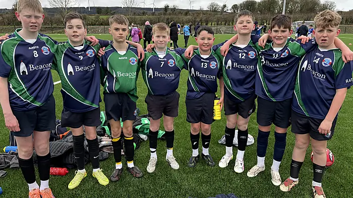 The Rath National School boys will compete in the county round of the FAI five-a-side next week, having successfully progressed out of the West Cork stage. From left: Ian Fitzgerald, Max Musgrave, Oran Keane, Darragh Murphy, Liam O’Neill, Cathal Ronan, Jimmy McDonagh and Hugo O’Driscoll.