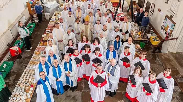 Bishop Paul Colton with clergy, lay preachers and the choir after his final West Cork service. Bishop Colton is retiring after 27 years as Bishop. St Fachtna’s Cathedral, Rosscarbery hosted his last service.   (Photo: Andy Gibson)
