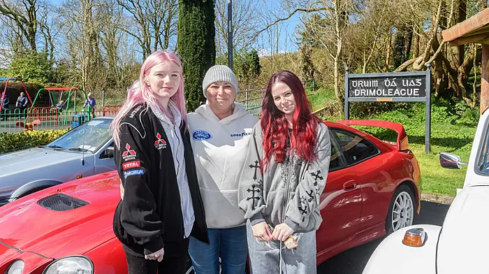 Aoibhinn O'Riordan, Selina McCarthy and Brianna McCarthy, all from Dunmanway, enjoying their day out at the Drimoleague tractor, truck and car run which was held on Easter Sunday. The run was in aid of Cancer Connect and West Cork CoAction Children’s Respite Services.   (Photo: David Patterson)