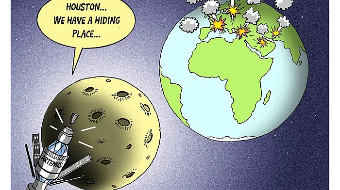 VEERING WEST: Four humans in a tin can looking back at a planet Earth the size of a marble Image