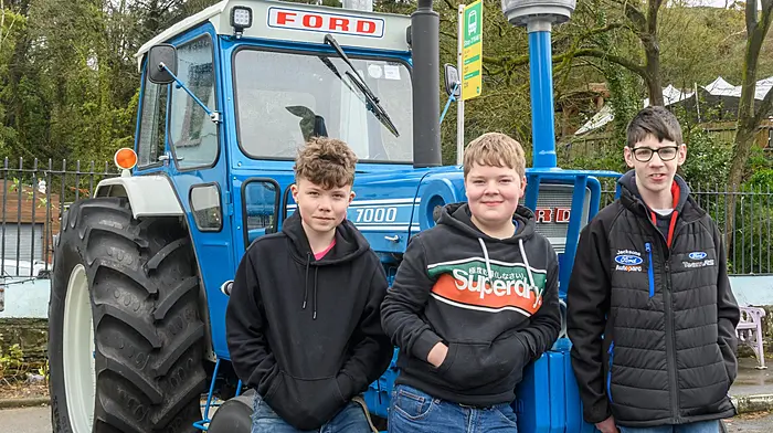 Matthew Harte, Eoin Doolan and Alex Giles (all Rosscarbery) with Alex's dad's 1975 Ford 7000 at the Leap tractor and car run which was held on Easter Bank Holiday Monday. The run was in aid of Bru Columbanus.
Picture: David Patterson, Tractor Run - Cork
