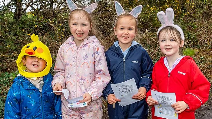 Eamon, Abbie, Róisín and Órlaith O'Riordan from Kealkill took part in Cappabue National School’s third annual Easter egg hunt which was held in the Parklands, Kealkill last Friday. Hundreds of children attended the event where they had to walk around the park finding wooden eggs before they received their chocolate egg at the end of the track(Photo: Andy Gibson)