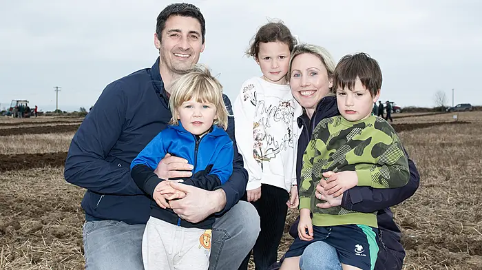 At the 90th Timoleague Ploughing match in the lands of the Sexton family, Courtmacsherry were (left to right): Mark, Diarmuid, Sadhbh and James O'Brien and Eimear O'Regan from Ardfield. Photo: Martin Walsh.