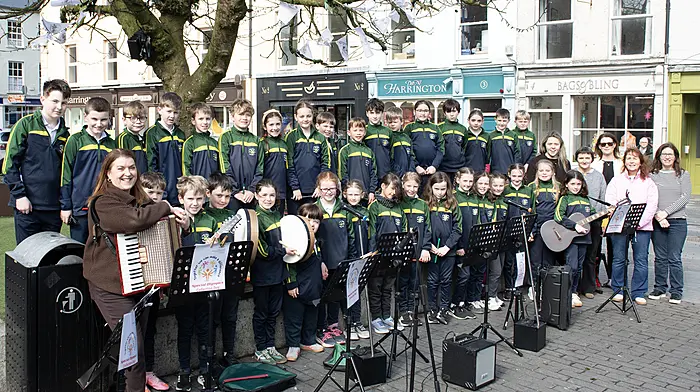 Third and fourth class pupils from Ardfield National School put on a special music session at Astna Square last Friday in aid of the Special Olympics. Also included are the music teacher Martina French (left) and teaching staff (right) Maeve Beechinor, Carmel O'Donovan, Ciara Hayes,  Liz Lovell and Clodagh Crowley.  (Photo: Martin Walsh)