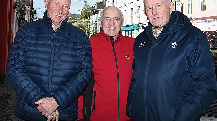 Well-known rugby personalities Bertie Smith, Noel Murphy and Jimmy O'Regan, having a chat on Pearse Street during the Clonakilty Rugby Club's weekly lotto ticket sales outside O'Donovan's Hotel.   (Photo: Martin Walsh)