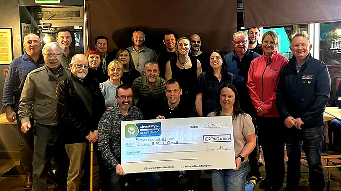 Committee members of the Clonakilty 5 Mile Road Race at the presentation of funds in The Courtyard Bar where proceeds were presented to Cancer Connect, Clonakilty Community Resource Centre, Irish Red Cross Clonakilty Branch, Clonakilty Community First Responders, Clonakilty Friends of Asylum Seekers and Clonakilty Branch of St Vincent DePaul.