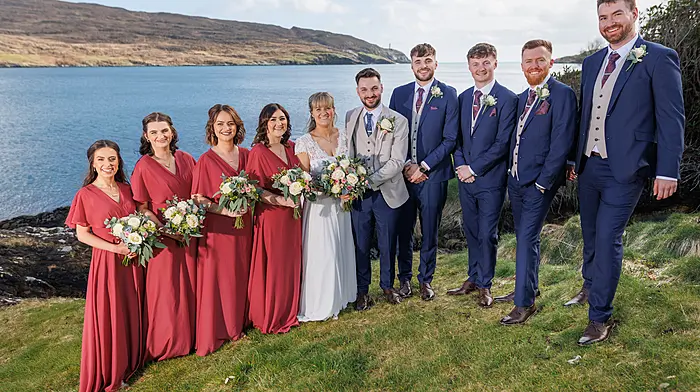 Amanda Buckley, Holly Tiejen, Laura Hurley-O'Dwyer, Amanda Cronin, Sam Heffernan, Harley Eden, Marty Byrne and Stephen Bevan  with Jennifer and Dominic Heffernan on their wedding day in Castletownbere.  Photo courtesy of Marie Keating.