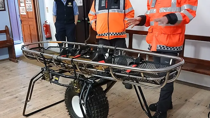 Volunteers from the Goleen Unit of the Irish Coast Guard demonstrating their equipment at the information meeting which was held on Monday night in the Kilcrohane Hall.