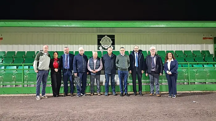 Daniel O'Donovan, Cllr Deirdre Kelly, Cllr Brendan McCarthy, Edward Moloney, Denis Collins, Mark Farr, Patrick O’Donovan, Senator Noel O’Donovan, Kevin Collins and Senator Margaret Murphy O’Mahony on a recent visit by the Minister O’Donovan to Sam Maguire Park.