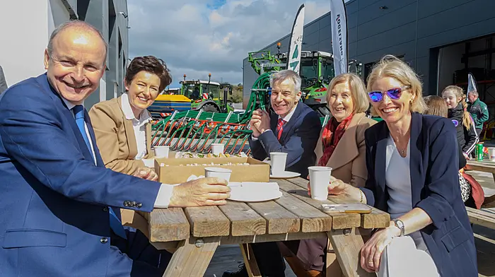 An Taoiseach Michéal Martin TD officially opened and cut the ribbon at Atkins Farm and Garden Machinery’s new state of the art showroom and workshop in Bandon. Cllr Gillian Coughlan (who represented the county mayor), managing director of Atkins Mark Wolfe, Angela Wolfe and Anne Wolfe enjoying the refreshments after the ribbon cutting ceremony.    (Photo: David Patterson)