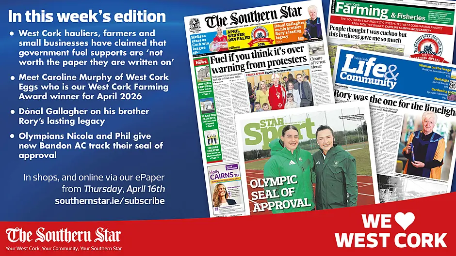 THE SOUTHERN STAR IS IN STORES NOW: Claims that government fuel supports are 'not worth the paper they are written on'; Dónal Gallagher on his brother Rory’s lasting legacy; Olympians Nicola and Phil give new Bandon AC track their seal of approval Image