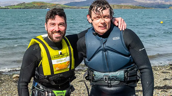 On a very windy day in Bantry, with gusts reaching 30 knots, Luca Ciocchi from Bantry and Pierre Thomas from Dunmanway went wind surfing in Bantry Bay. The lads reached speeds of up to 50km per hour during their session. (Photo: Andy Gibson)