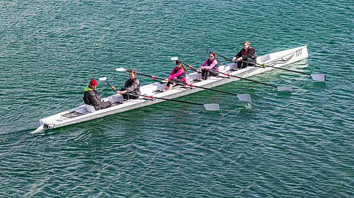 Members of the Castletownbere Rowing Club,  cox Fergus O’Driscoll, Sophie Power, Siobhan O’Neill, Riley Minehane and Caoimhe Ryan, training on a blustery Sunday morning.  (Photo: Anne Marie Cronin)