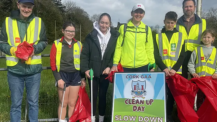 Paul Ryan and Kate O’Flynn with Aoibhinn and Jenny Galvin, and Konrad, Neil and Mina Diamond, all helping with the community clean-up in Ballinascarthy.
