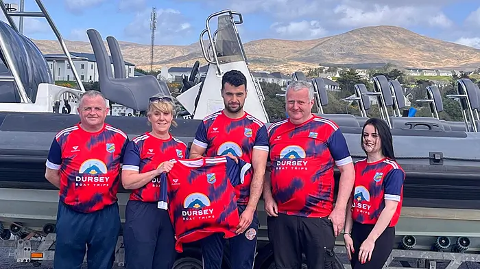 Paul O’Shea and family of Dursey Boat Trips presented a set of training tips to the Beara GAA senior football team. From left: Peter O'Leary (team manager),  Marie O'Shea, Joseph O'Shea (team captain), Paul O'Shea and Caoimhe O'Shea.  (Photo: Anne Marie Cronin)