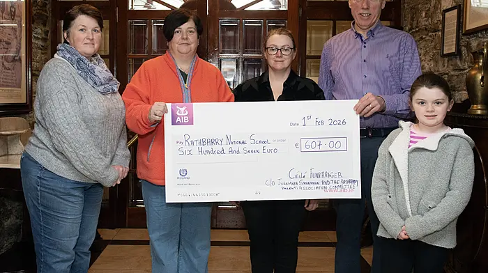 Part of the proceeds from the Toddy Collins memorial event were presented to Rathbarry National School.  At the presentation were (from left) Claire Hurley, Mary Crowley-Harte, Hazel Healy,  Jeremiah Shanahan and Emily Hurley.   (Photo: Martin Walsh)
