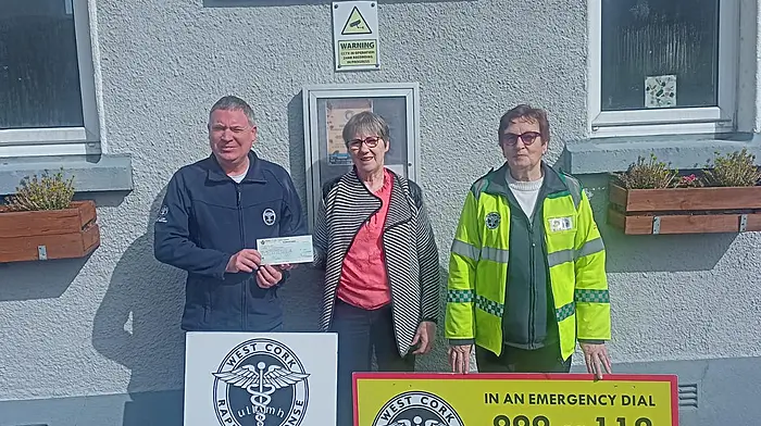 Liam Slattery, Marion O’Brien and Betty Hennessey at the presentation of funds by Gortalassa Old School House (GOSH) to West Cork Rapid Response. The sum of €340 was raised by the branding day held at GOSH.