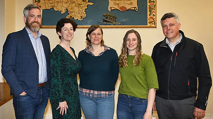 At last week's Courtmacsherry Community Biodiversity Action Plan information event in the Courtmacsherry Community Hall were (from left): Christopher O'Sullivan,  Cllr Gillian Coughlan, Cathy Eastman (ecologist), Vicky Knight (species conservation officer, Vincent Wildlife Trust) and Cllr John Michael Foley.  (Photo: Martin Walsh)
