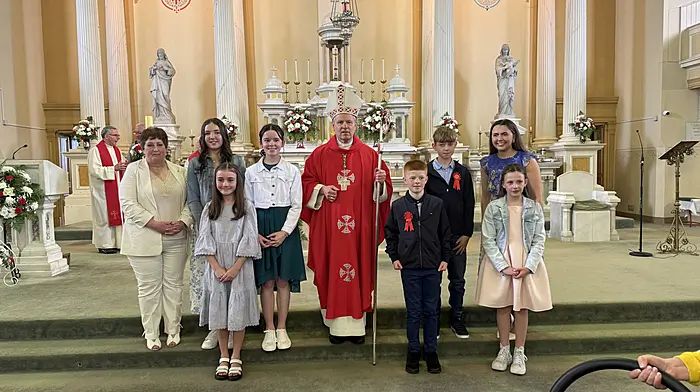 Pupils of Togher National School who were confirmed at St Patrick's Church, Dunmanway. Back: Majella Daly, Orah Collins, Alicia Hurley, Bishop Fintan Gavin, Aaron O’Callaghan, and Colleen Noonan (class teacher). Front: Sophie Buston, Ciaran O’Farrell and Ella O’Donovan.