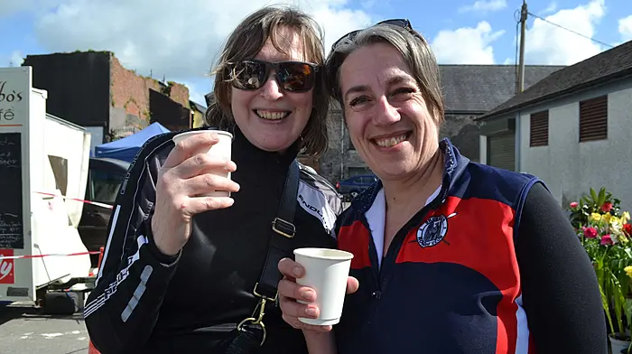 Geraldine Barry, Ballineen and Sabine Cronin, Dunmanway enjoying a coffee at Skibbereen's Farmers Market last weekend. Photo; Anne Minihane.