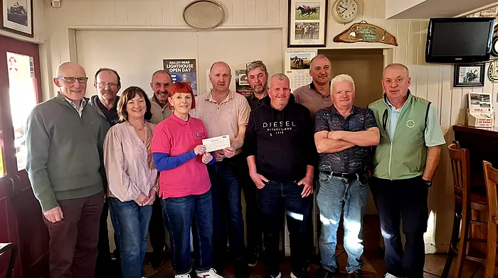 At the recent cheque presentation to Cancer Connect from the O’Donovan family and customers at O'Donovan's Bar Fishers Cross are Séan Brennan, Jim Hayes, Mary Ann O'Connor, Séan O’Donovan, Sinéad Crowley, Denis O'Donovan, Billy Mooney, Brendan Harte, Ger Cullinane, Fachtna O'Connor and Chris O’Sullivan.