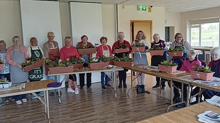 Goleen and District Community Council hosted a fun event last Tuesday when they held a demonstration by Gorretti Gibson on how to arrange and care for window boxes. It was informative and thoroughly enjoyed by all those in attendance. Photo courtesy of Eileen O'Meara.