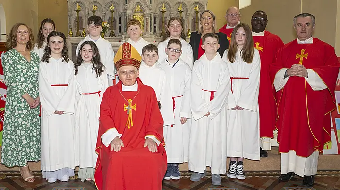 Pupils from Rusnacahara National School, Ahakista who were confirmed in the Sacred Heart Church, Durrus pictured with Bishop Noel O’Regan.  Back: Siún Arundel, Gibbs Ross, Conor O’Brien and Eimear Daly. Front: Kathy Mae Bowen, Faye Tobin, James Bowen, Oisín O’Sullivan, Charlie Arundel and Anna Lawless. Also included are school staff Noreen Tobin and Kate Arundel and members of the clergy, Fr John O’Donovan, Fr Thierry Aimade and Canon Myles McSweeney.