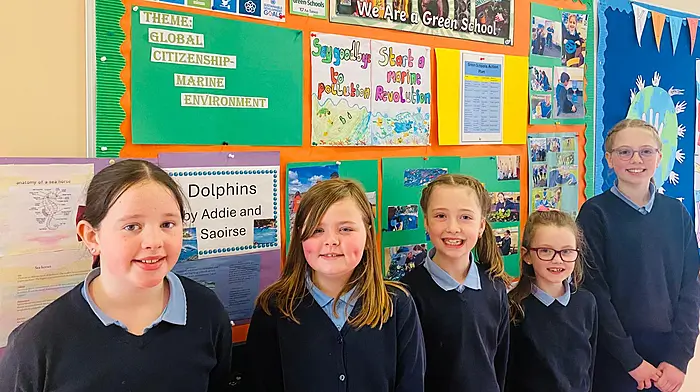 Kilcoe National School has been chosen as the primary school regional winner for the southern region in An Taisce marine school of the year awards. They will travel to Dublin on May 15th to the awards ceremony where they will receive their trophy. An overall national winner will be chosen on the day. From left: Ina O’Driscoll, Addyson Goggin, Chloe Keohane, Lillia Casey and Emma Keohane.