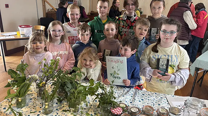 Pupils of Rath NS at the recent launch of a Foraging Booklet, which all families contributed interviews to, by Baltimore’s Once and Future Free Food  (OFFF). Included are Luka Pitton Brady, Quinn and Roisin Breen, Roberta Cattermaol, Annie Casey, Sadie Lavelle Martin, Iarla O’Cathasaigh, Muireann Daly, Donnchadh O’Cathasaigh, Daniel Casey and Ellie Hannick.