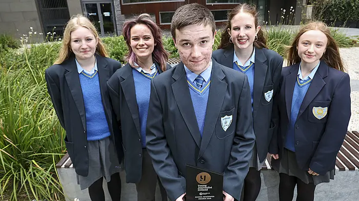 Cara Toal, Charlotte Galvin, Matthew Mulligan, Sadhbh Coakley and Emily Carroll, Kinsale Community School, took part in the Young Journalist Ireland Awards, run by Newsbrand, where they got a third place award in the School Newspaper category for their Voice of KCS project.