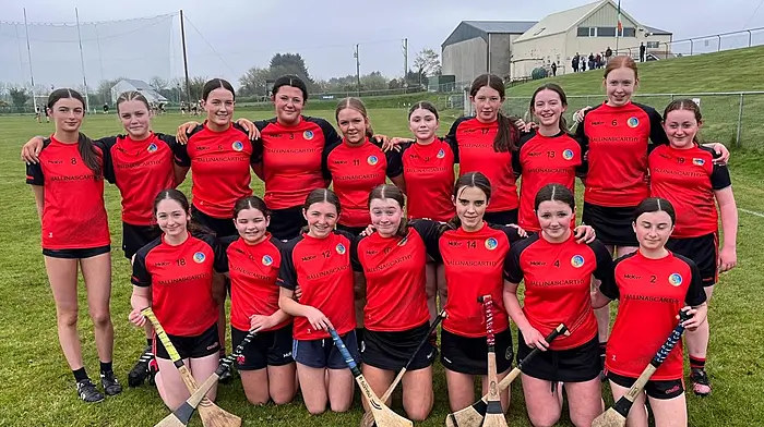The 2026 Ballinascarthy féile camogie team. Back: Ruby McCarthy, Beth Jordan, Aideen Murphy, Leah Buttimer, Sarah Walsh, Odette O’Donovan Forcey, Hannah Buttimer, Claire Higgins, Sinéad Walsh and Siobhán McCarthy.  Front: Aoibhínn McCabe, Kate O'Flynn, Aoife O'Driscoll, Neasa Kiernan, Ayla Bishop, Leanne Walsh and Sabhdh O'Flynn.