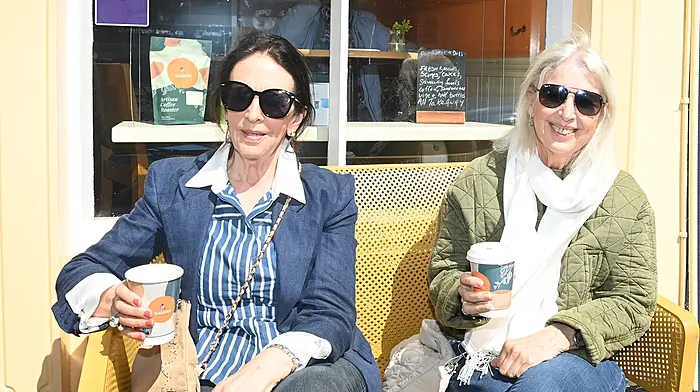 Noreen Connelly (left) and Joanna Murphy from the Long Strand enjoying the sunshine and coffee at Gearóidín’s Restaurant, Pearse Street, Clonakilty.   (Photo: Martin Walsh)