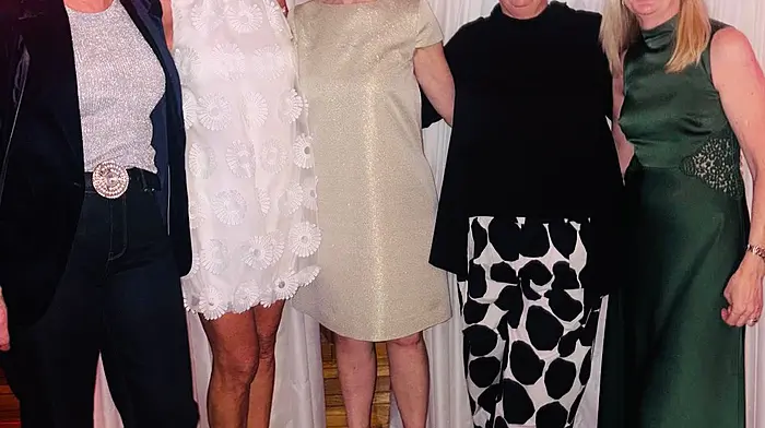 Friends since low babies at school, Carmel Crowley, Deirdre O’Donovan, Ita Dennehy (home from Boston) Deirdre O’Connell, Rosemary Schluger (home from New York), all celebrate their 60th birthdays this year. The friends recently re-united at the Maritime hotel for Deirdre O’Donovan’s smashing sixtieth.