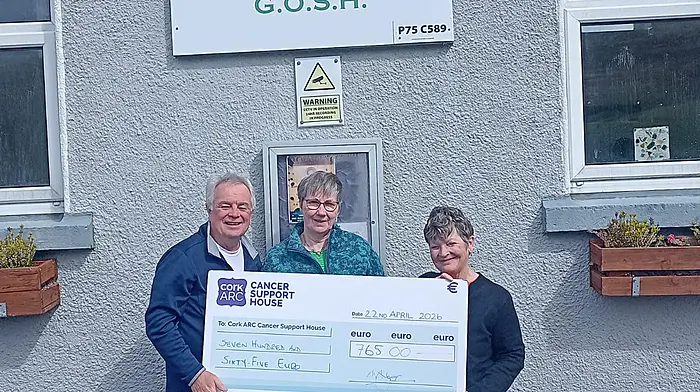 Proceeds of €765 from a concert held in February were presented to ARC House Bantry by Gortalassa Old School House (GOSH) last Wednesday. At the presentation were Michael Alger (musician), Marion O’Brien (GOSH) and Louise Finnegan (ARC House) at the presentation of funds. Jane O’Brien (vocalist) was missing from the photo.