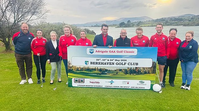 Adrigole GAA members and Berehaven Golf Club officers at the launch of the golf classic to be held at Berehaven Golf Club on May 22nd, 23rd and 24th. From left: Paul Goggin, Catriona O'Donoghue, Christina O'Sullivan (president, Berehaven Golf Club), Anne Marie O'Sullivan, Aine O'Donoghue, Joe O'Neill (captain, Berehaven Golf Club), Peter O'Sullivan, Charlie Joe O'Sullivan, Fergal Carey, Tim O'Sullivan, Bernadette O'Sullivan (ladies captain, Berehaven Golf Club)