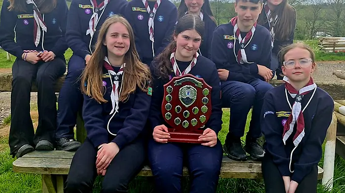 The Sheep's Head Sea Scouts who became West Cork Shield Champions last weekend, Sophia Russell, Rachel Kelleher, Róisín Daly, Aoife Bignell, Holly McCarthy, Annie Daly, Jack O’Mahony, Jessica McCarthy and Aoife Nash.