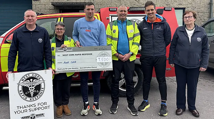 Andy Carr, Skibbereen recently completed a gruelling Triple Hyrox event in aid of West Cork Rapid Response, fundraising a massive €9,500. At the presentation were (from left) Liam Slattery (West Cork Rapid Response), Kate Crowley,  Andy Carr, Garry Minihane (West Cork Rapid Response), Jonnathan Davis (Body Active Skibbereen) and Betty Hennessy (West Cork Rapid Response).   Photo courtesy of Garry Minihane.