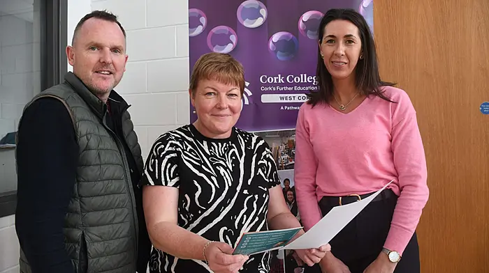 Maura O'Sullivan (co-ordinator, West Cork Campus Skibbereen) and Neisha Twomey (Morrisons Island Campus) with Cormac O'Brien (guidance counsellor, Skibbereen Community School) at the Careers Fair held at the school last week.  (Photo: Anne Minihane)