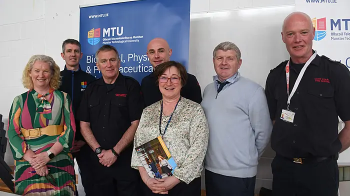 Anton O'Mahony (principal, Skibbereen Community School) with Caroline Kearney, Carol Fitzgerald and Donagh O'Mahony from MTU and members of Skibbereen Fire Service Chris O'Brien, Liam Anthony and Tom Collins  at the Careers Fair which was held at the school.(Photo: Anne Minihane)
